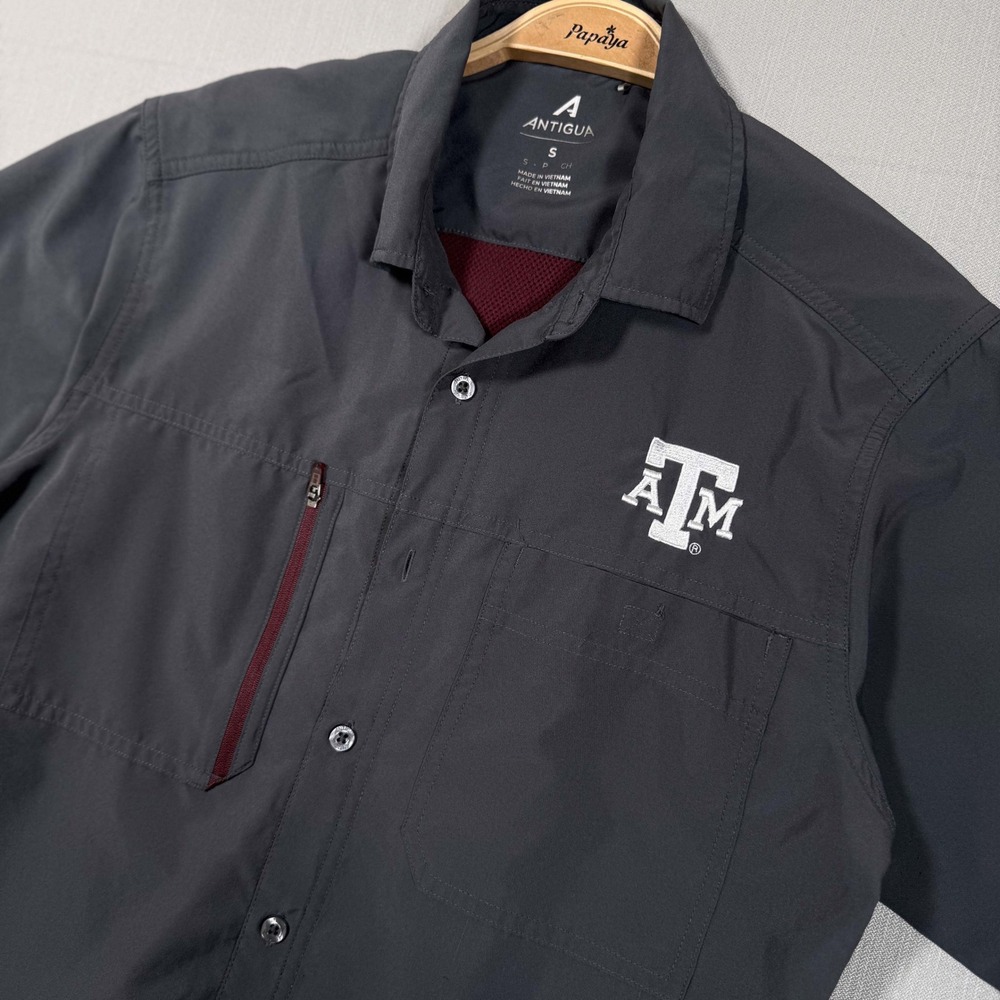 Antigua Texas A&M Aggies Short Sleeve Button Down Shirt Grey Mens Small
